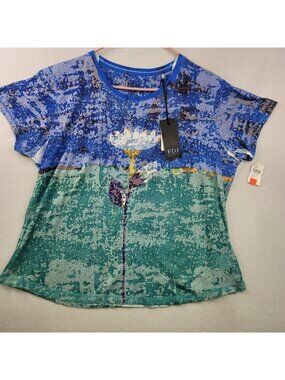 FDJ Floral Short Sleeves Burnout Tee XXL Blue Rhinestone Colorful Artsy Festival